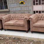 Image of a light brown antique sofa set after it was re-upholstered by Forever Furnitures