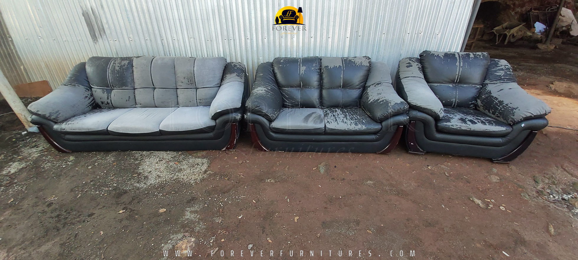 Image of a black leather sofa set BEFORE it was re-upholstered by Forever Furnitures