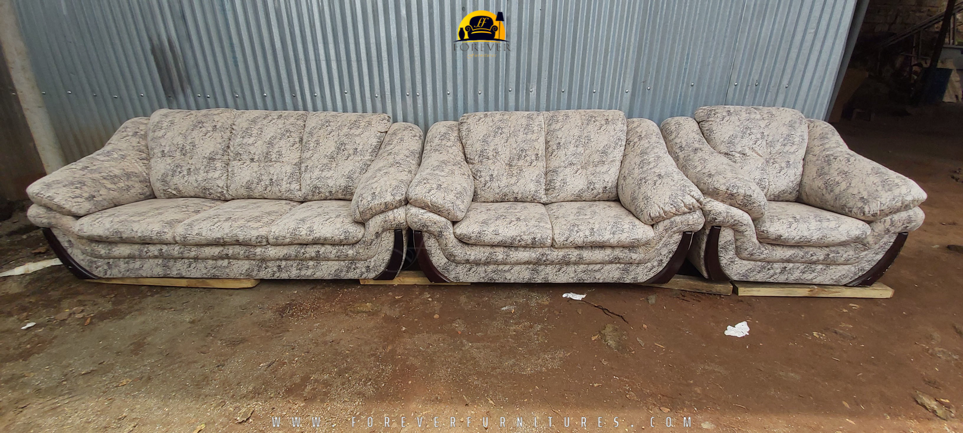 Image of a off-white patterned sofa set AFTER it was re-upholstered by Forever Furnitures