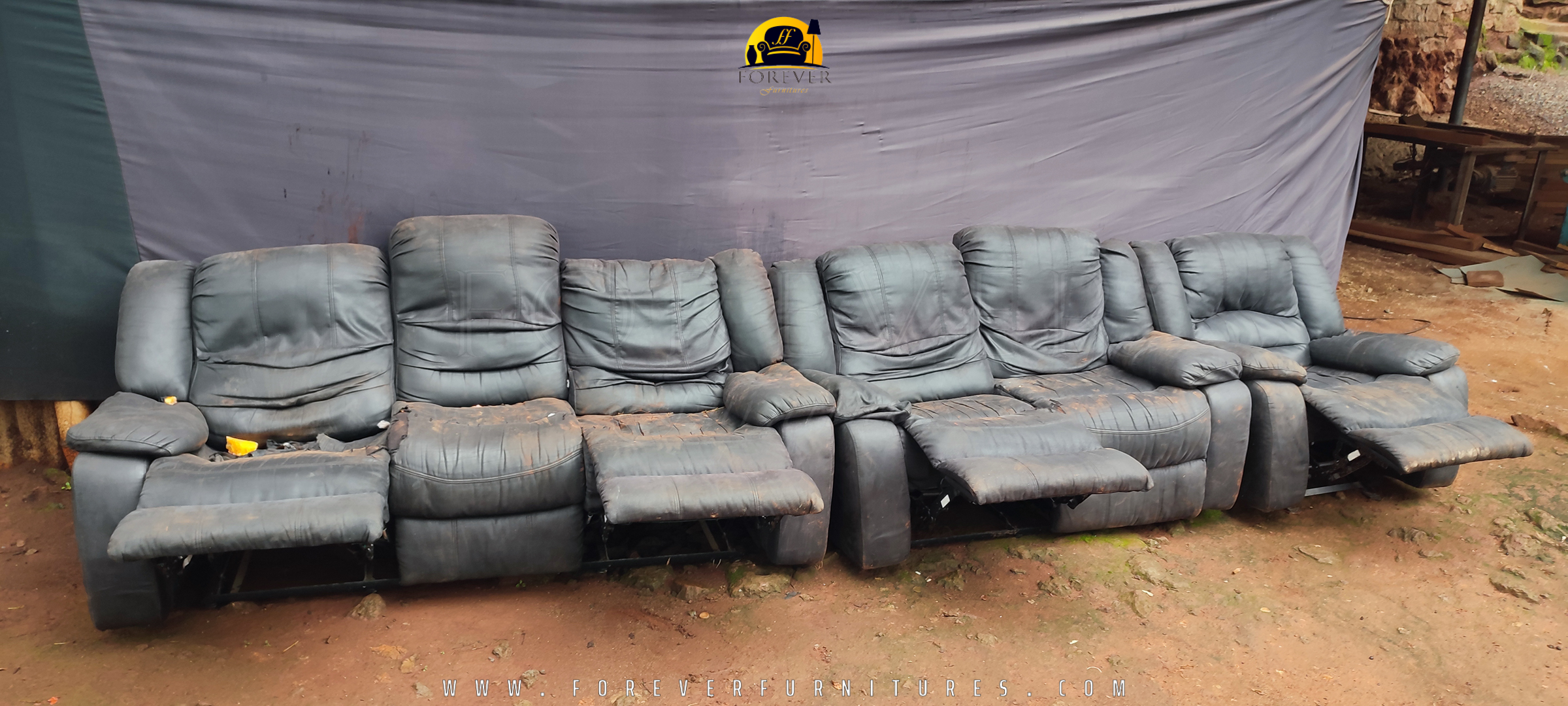 Image of a black recliner couch BEFORE it was transformed by Forever Furnitures